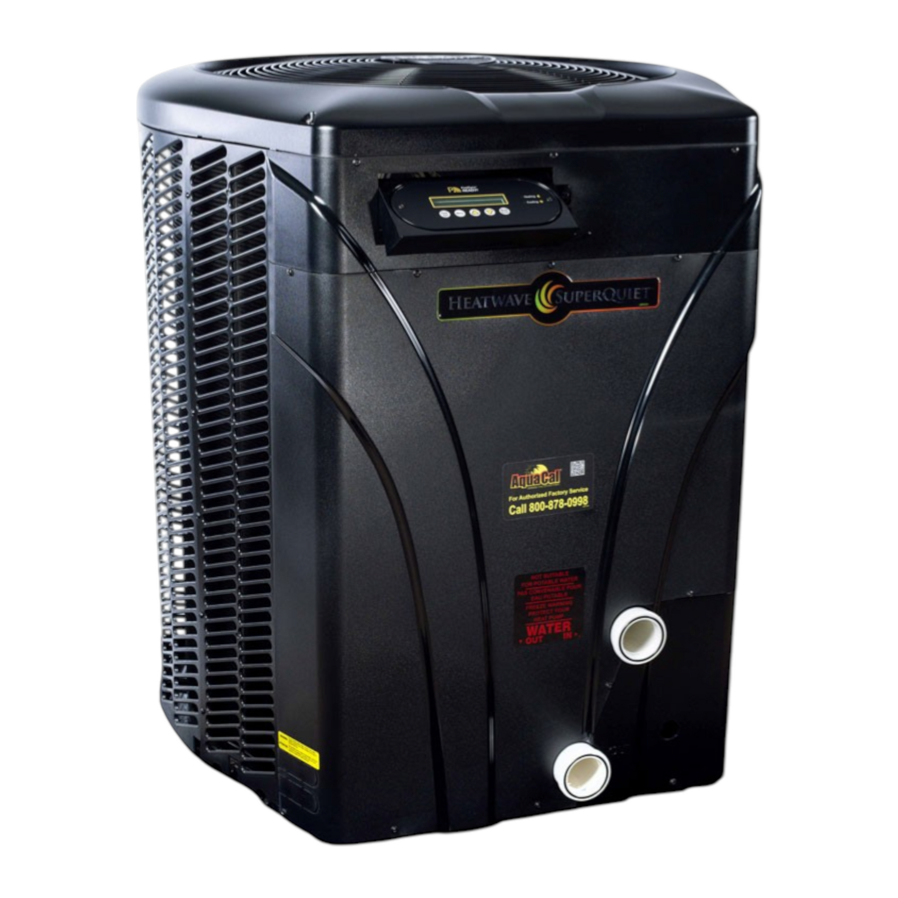 SaltPoolGuys.com AquaCal HeatWave SuperQuiet black pool heat pump with digital controls and titanium heat exchanger.
