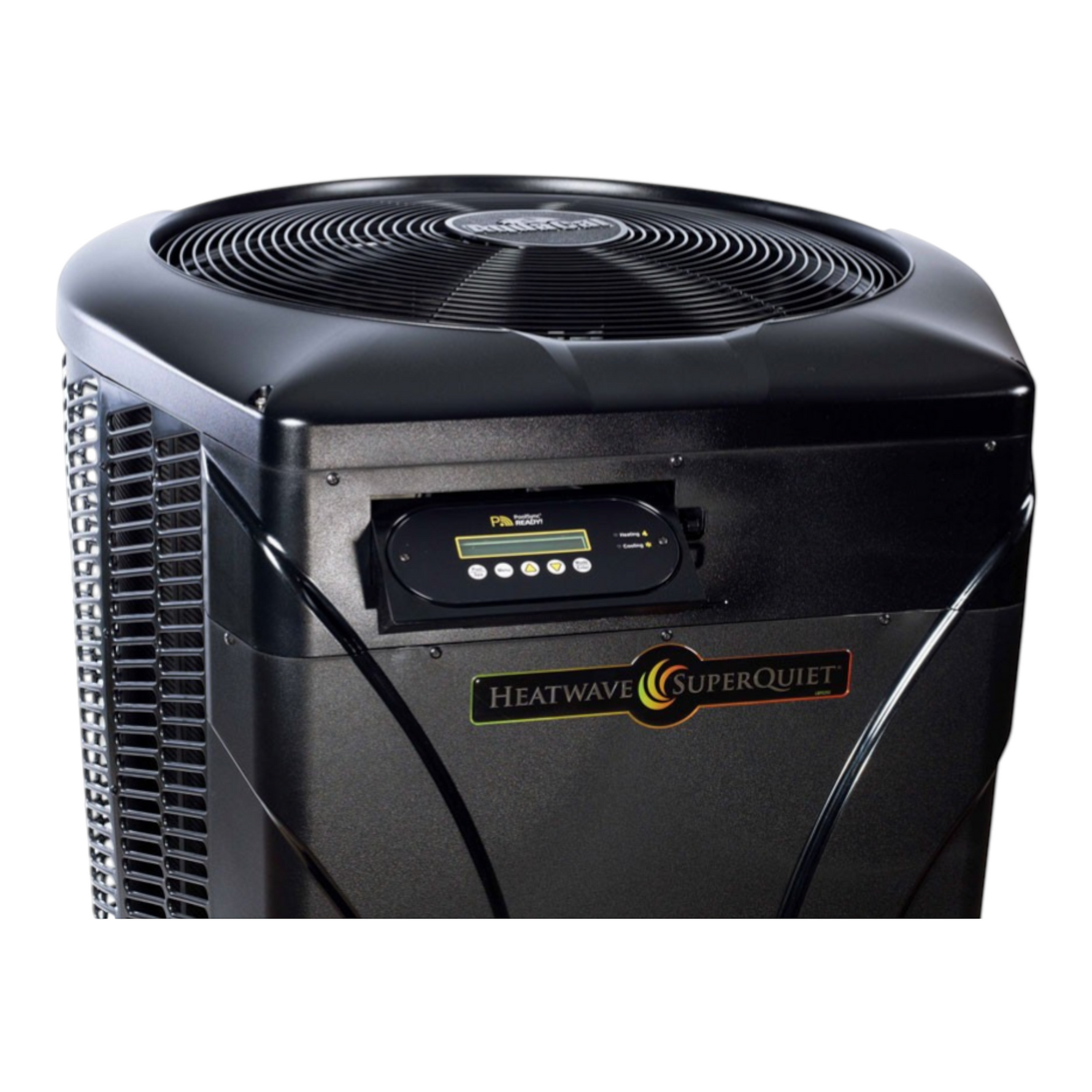 SaltPoolGuys.com AquaCal HeatWave SuperQuiet black pool heat pump with digital control panel and fan.