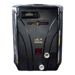 SaltPoolGuys.com AquaCal HeatWave SuperQuiet black pool heat pump with digital control panel and water connections.