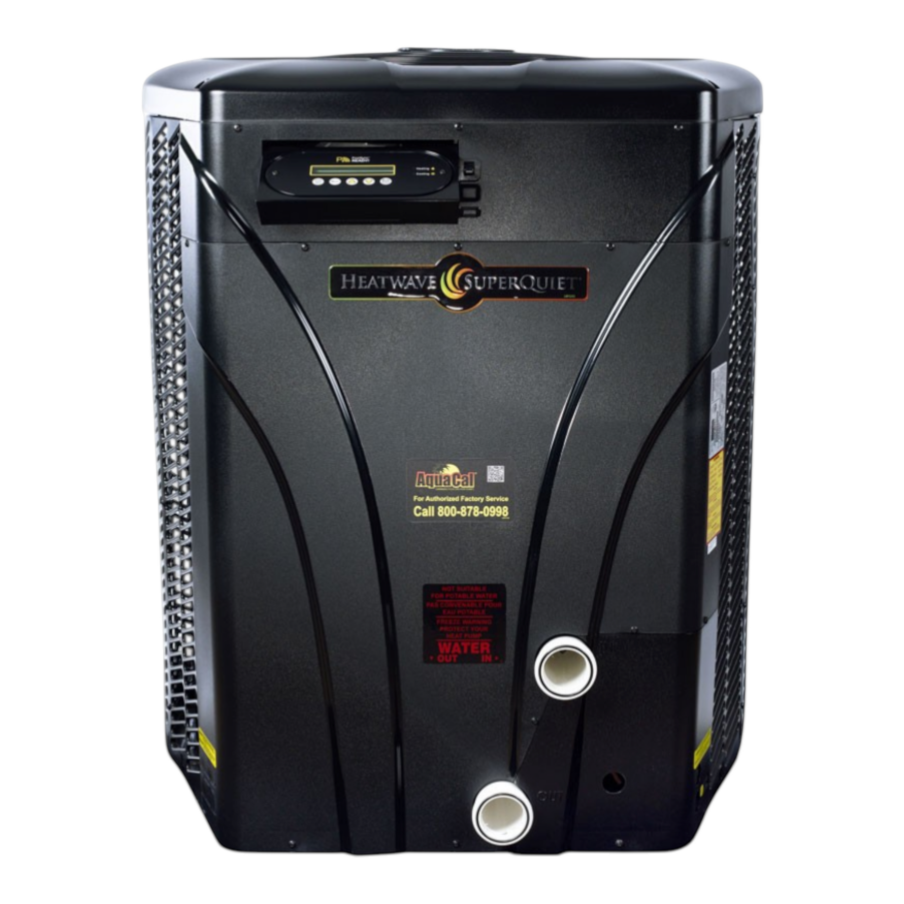 SaltPoolGuys.com AquaCal HeatWave SuperQuiet black pool heat pump with digital control panel and water connections.