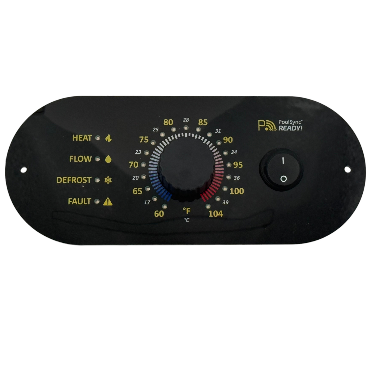 SaltPoolGuys.com AquaCal HP10 control panel with temperature dial, indicator lights for heat, flow, and defrost, and an on/off switch.