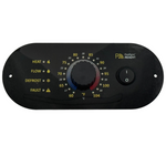 SaltPoolGuys.com AquaCal HP10 control panel with temperature dial, indicator lights for heat, flow, and defrost, and an on/off switch.