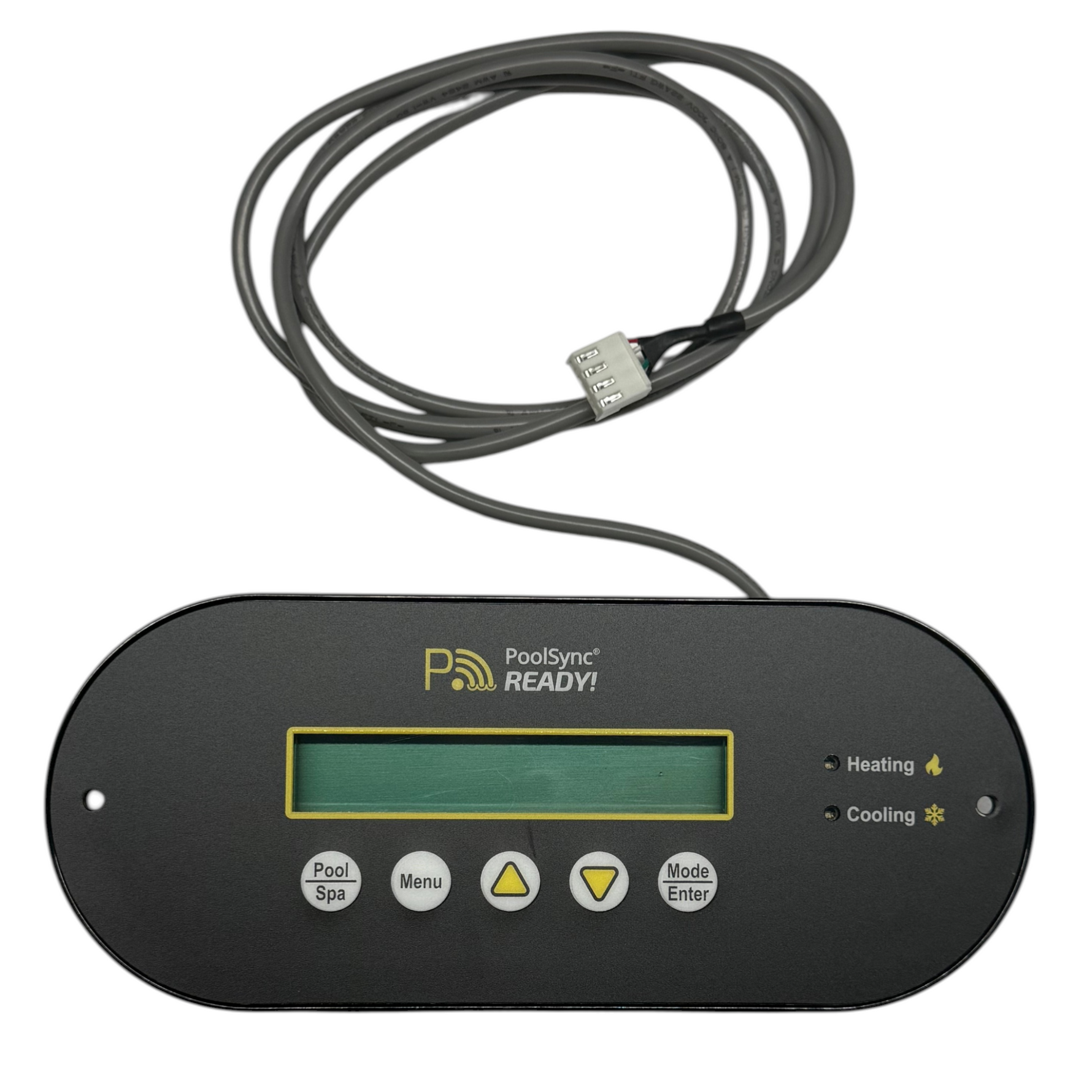 SaltPoolGuys.com AquaCal HP11 control panel with LCD screen, buttons for Pool/Spa, Menu, Up, Down, Mode/Enter, and indicators for Heating and Cooling.