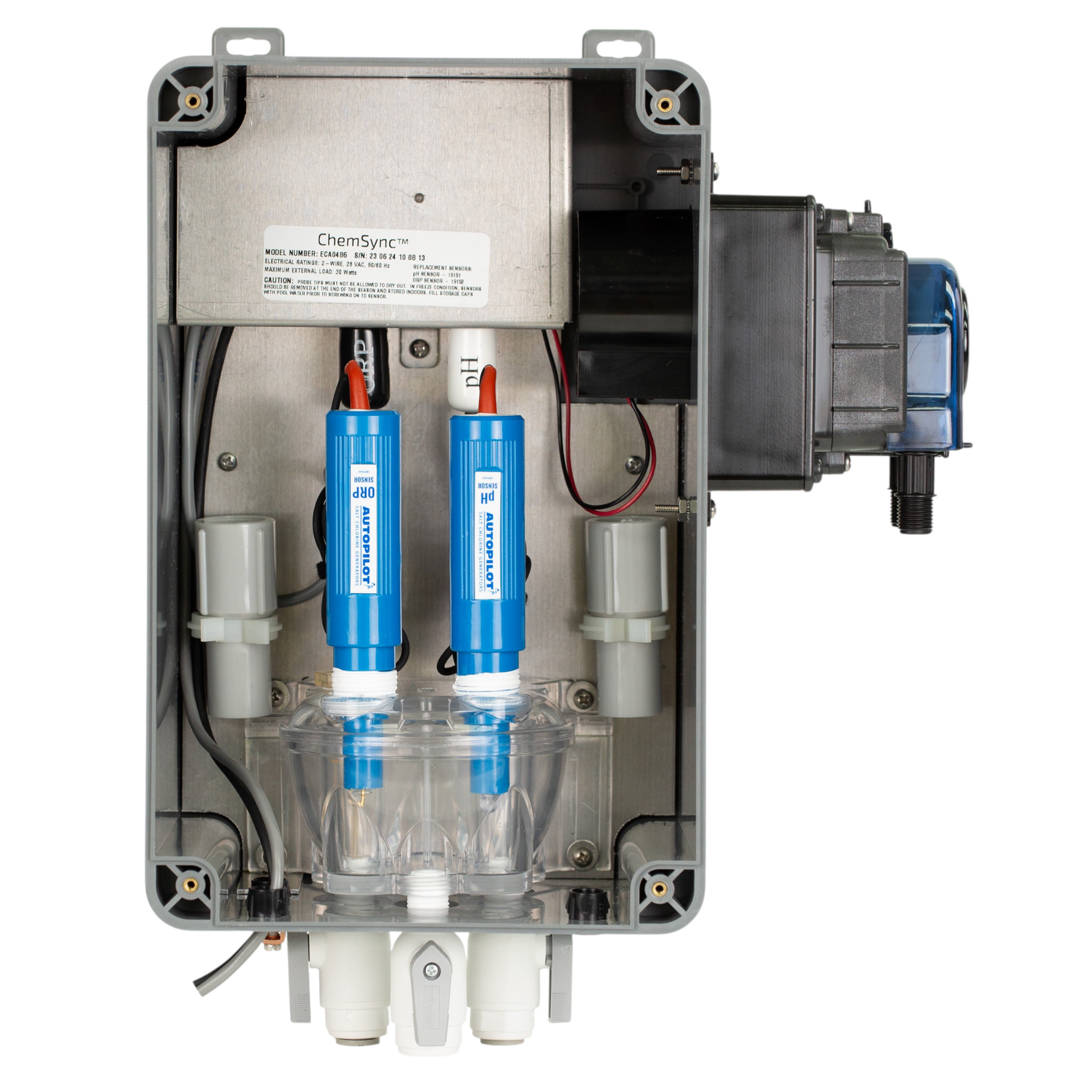 SaltPoolGuys.com AutoPilot ChemSync Kit with blue pH and ORP sensors for pool chemistry control.