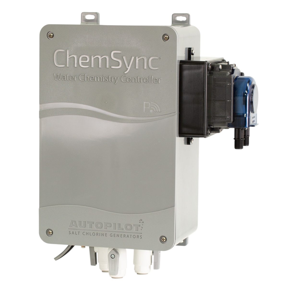 SaltPoolGuys.com AutoPilot ChemSync water chemistry controller for pH and ORP control. Gray plastic unit with blue and black attachments.