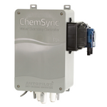 SaltPoolGuys.com AutoPilot ChemSync water chemistry controller for pH and ORP control. Gray plastic unit with blue and black attachments.