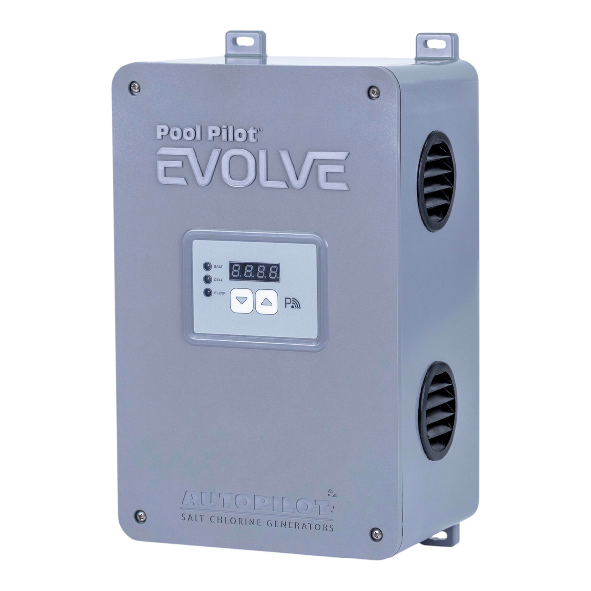 SaltPoolGuys.com AutoPilot Pool Pilot Evolve gray salt chlorine generator power center with digital display and buttons.