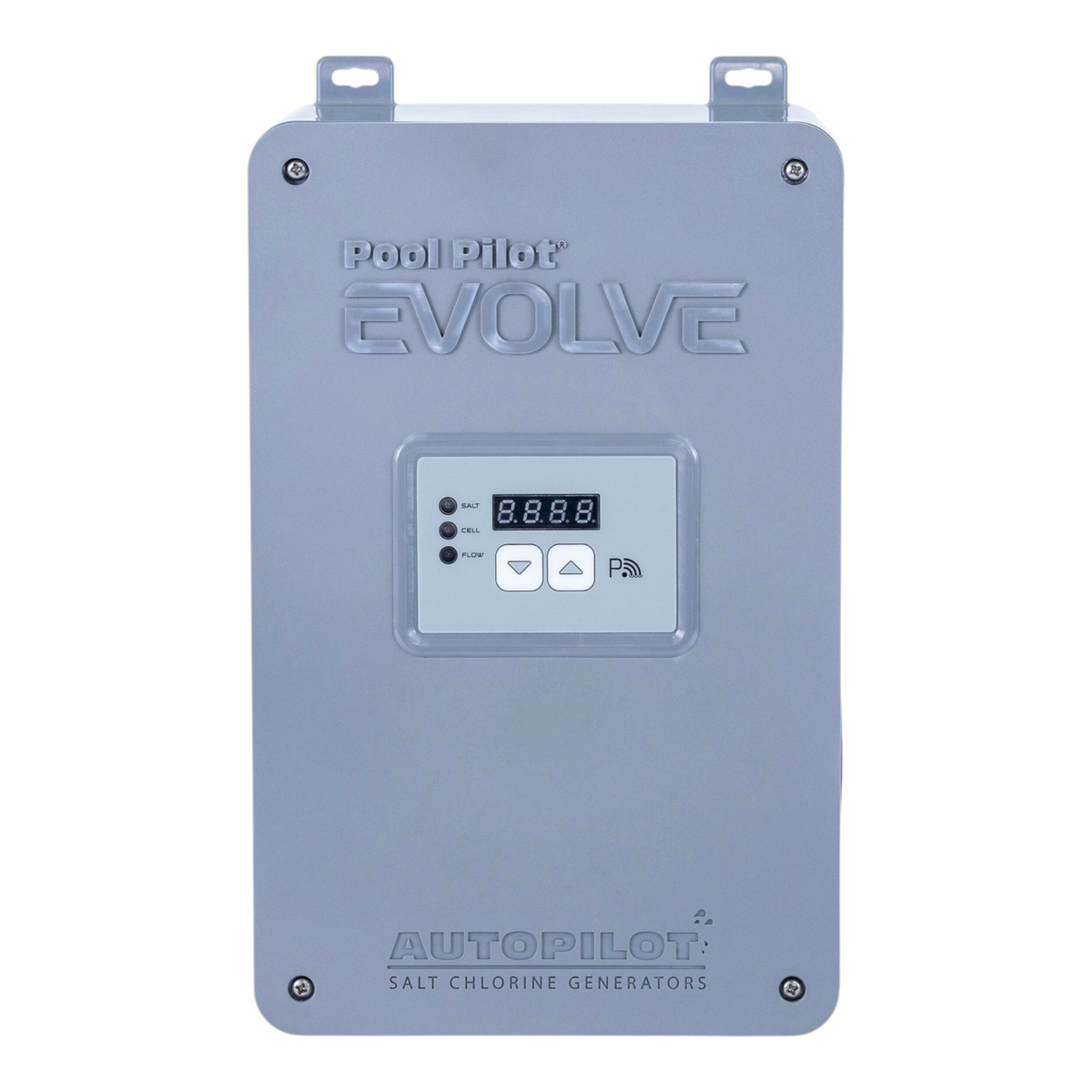 SaltPoolGuys.com AutoPilot Pool Pilot Evolve salt chlorine generator power center with digital display and buttons.