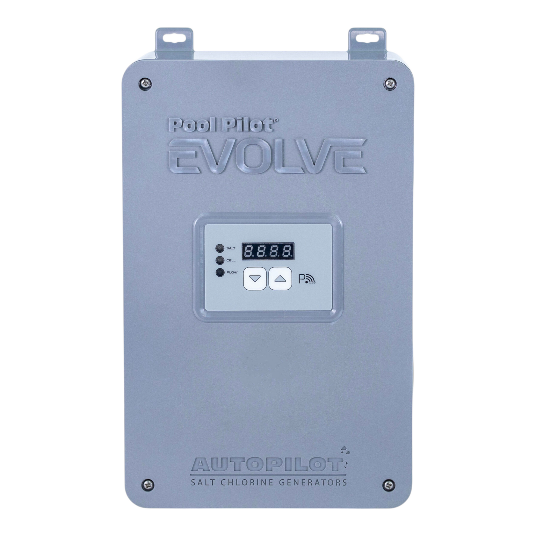 SaltPoolGuys.com AutoPilot Pool Pilot Evolve salt chlorine generator power center with digital display and buttons.