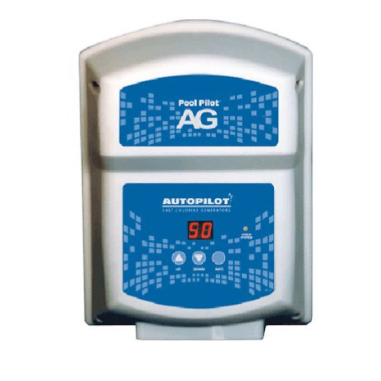 SaltPoolGuys.com AutoPilot Pool Pilot AG salt chlorine generator control box with digital display and buttons.
