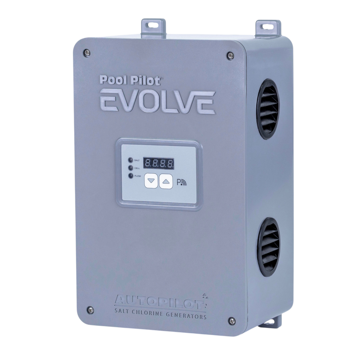 SaltPoolGuys.com AutoPilot Pool Pilot Evolve salt chlorine generator control box with digital display and vents.