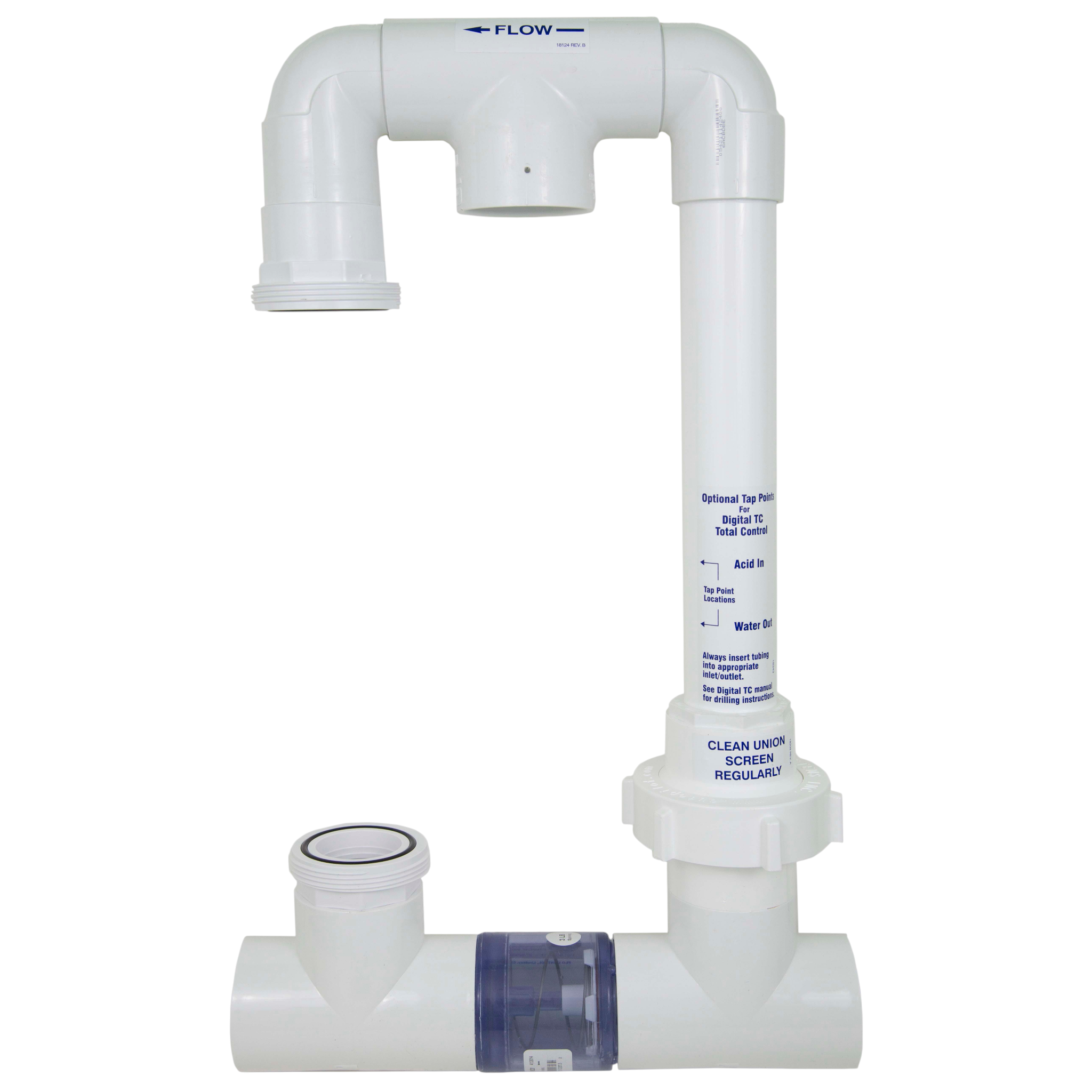 SaltPoolGuys.com AutoPilot Pool Pilot manifold, white PVC, with flow indicator and union screen for pool systems.