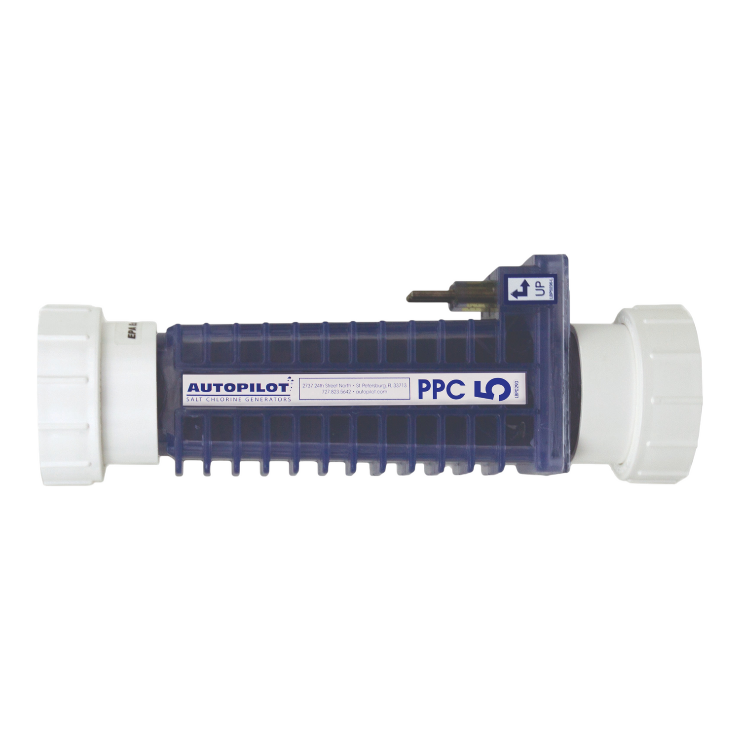 SaltPoolGuys.com AutoPilot PPC5 salt chlorine generator replacement cell, blue and white plastic construction.