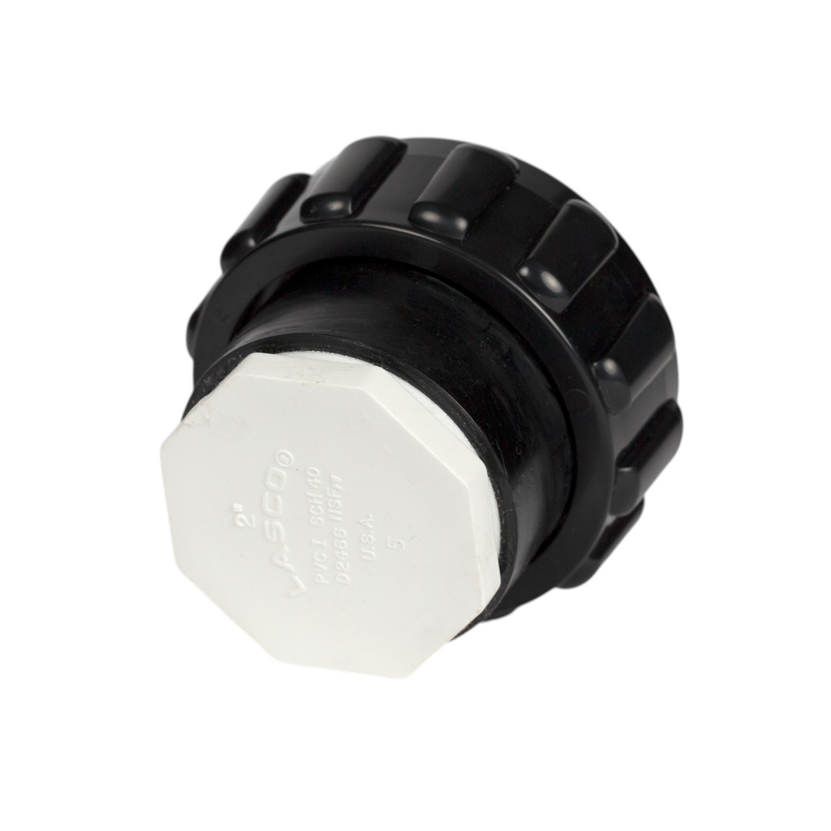 SaltPoolGuys.com black and white 2-inch PVC cap with knurled grip and hexagonal base.