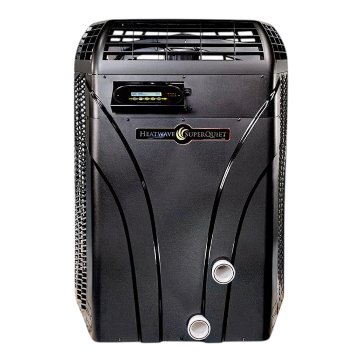 SaltPoolGuys.com AquaCal HeatWave SuperQuiet variable speed pool heat pump with digital display and two water connections.