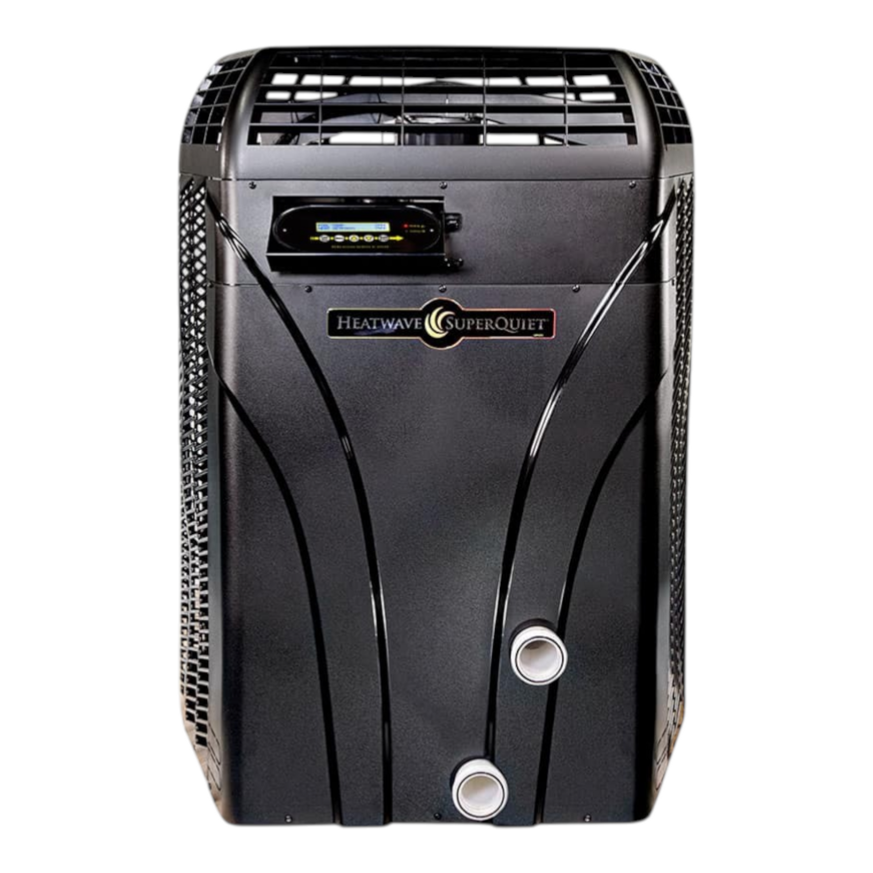 SaltPoolGuys.com AquaCal HeatWave SuperQuiet variable speed pool heat pump with digital display and two water connections.