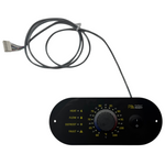 SaltPoolGuys.com AquaCal HP10 control panel with dial, buttons, and indicator lights for heat, flow, fault, and defrost.
