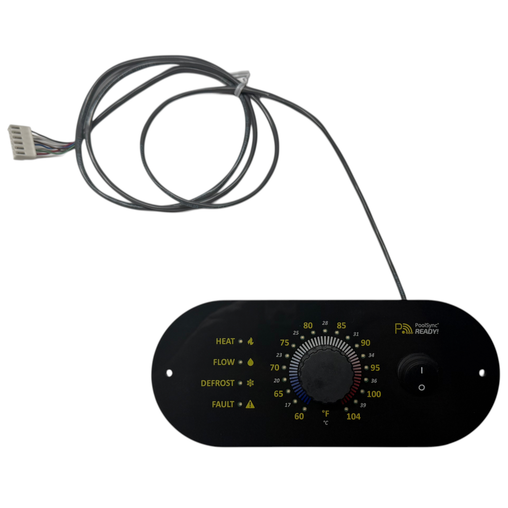 SaltPoolGuys.com AquaCal HP10 control panel with dial, buttons, and indicator lights for heat, flow, fault, and defrost.