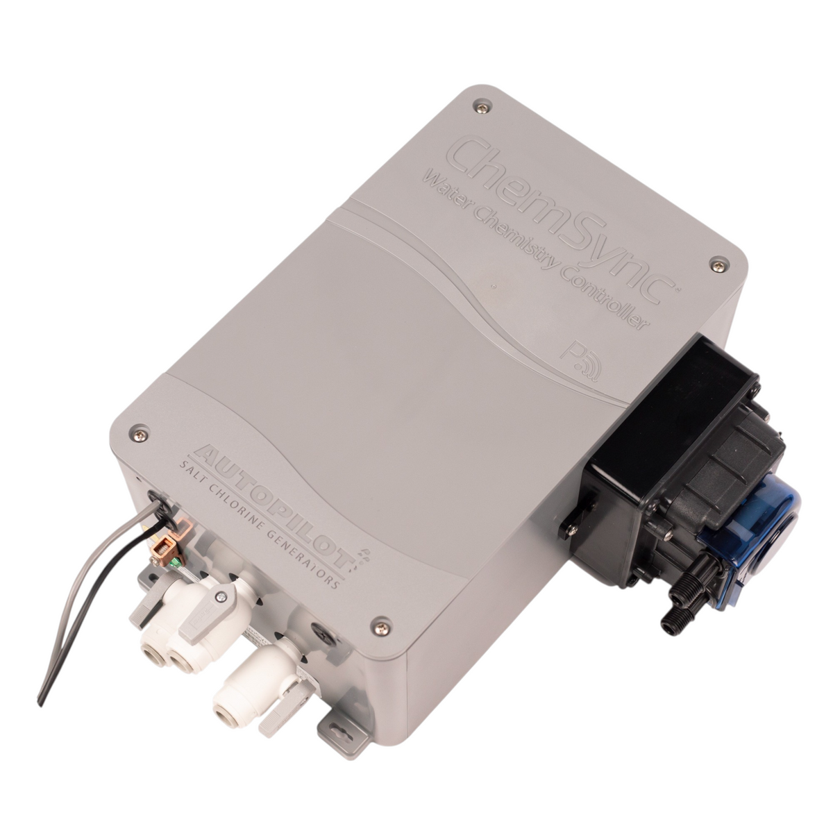 SaltPoolGuys.com AutoPilot ChemSync water chemistry controller for pH and ORP control. Gray plastic unit with tubing connections and wiring.