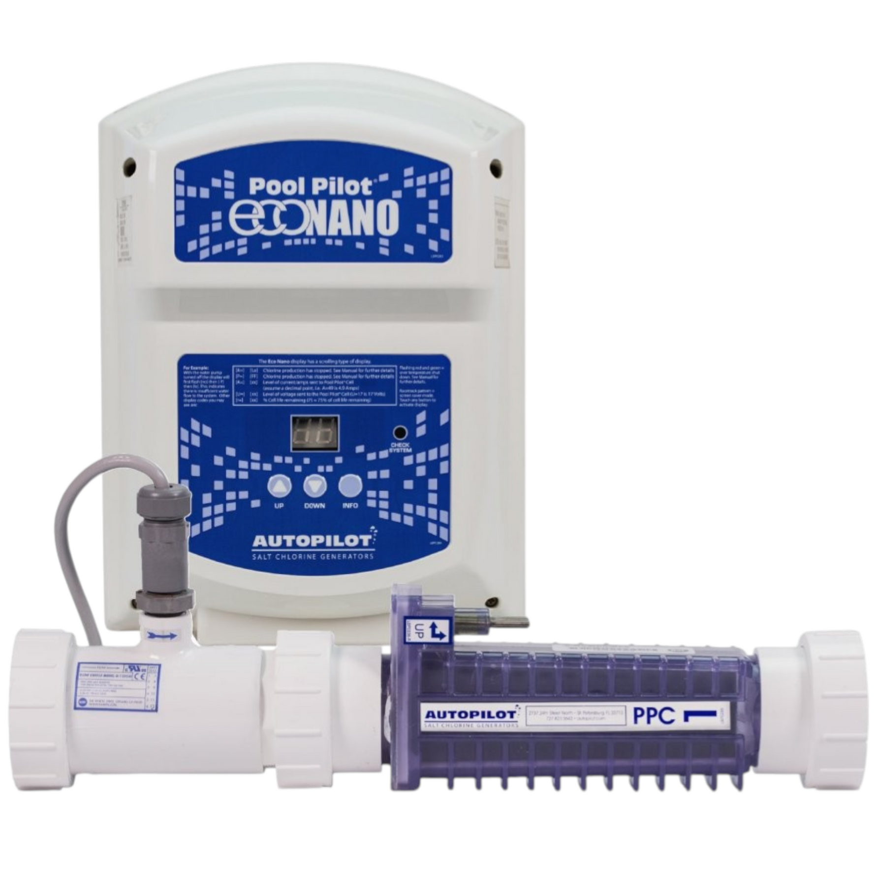 SaltPoolGuys.com Autopilot Pool Pilot Eco Nano salt chlorine generator with white control box and purple cell.