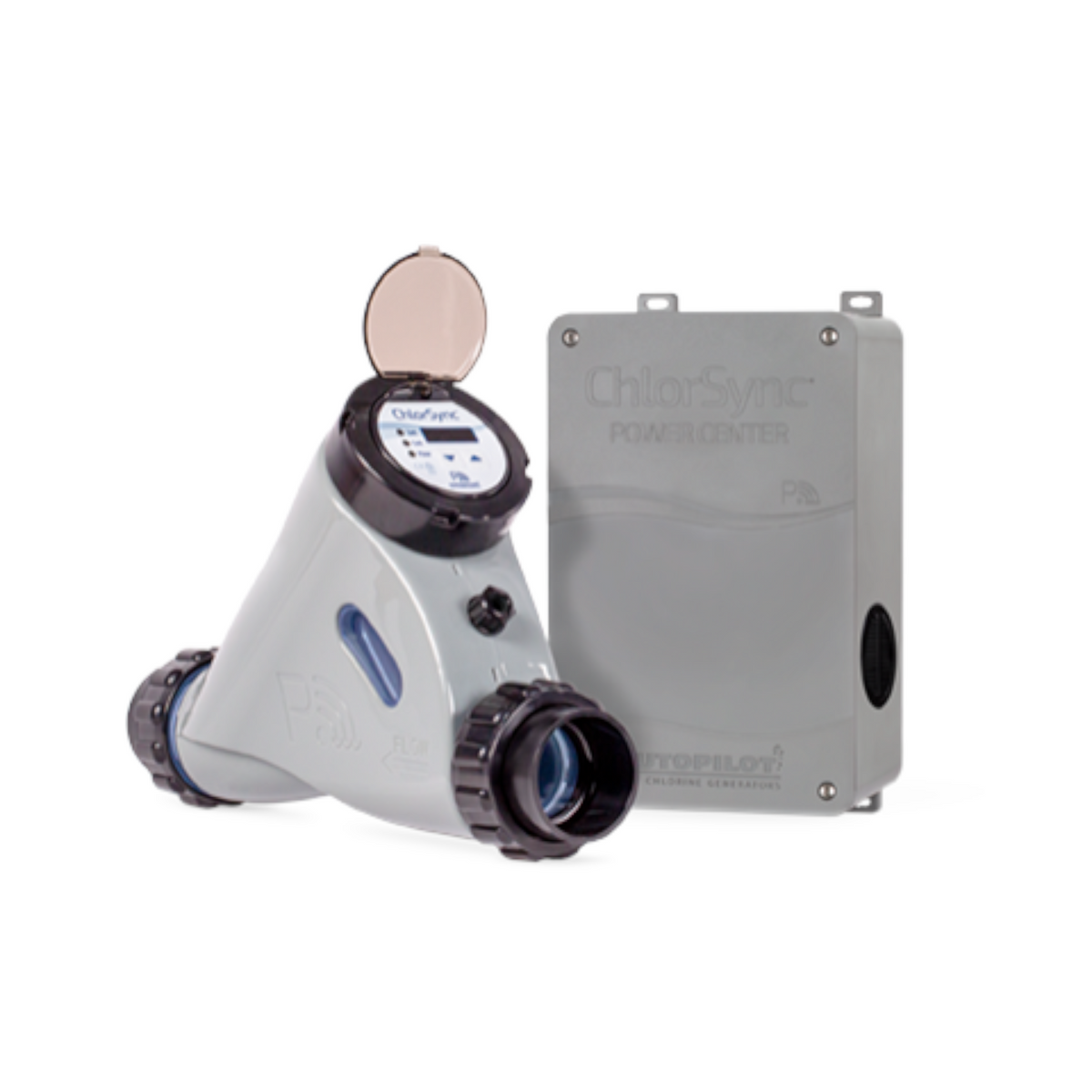 SaltPoolGuys.com ChlorSync salt chlorine generator system with digital display and power center. Gray plastic.